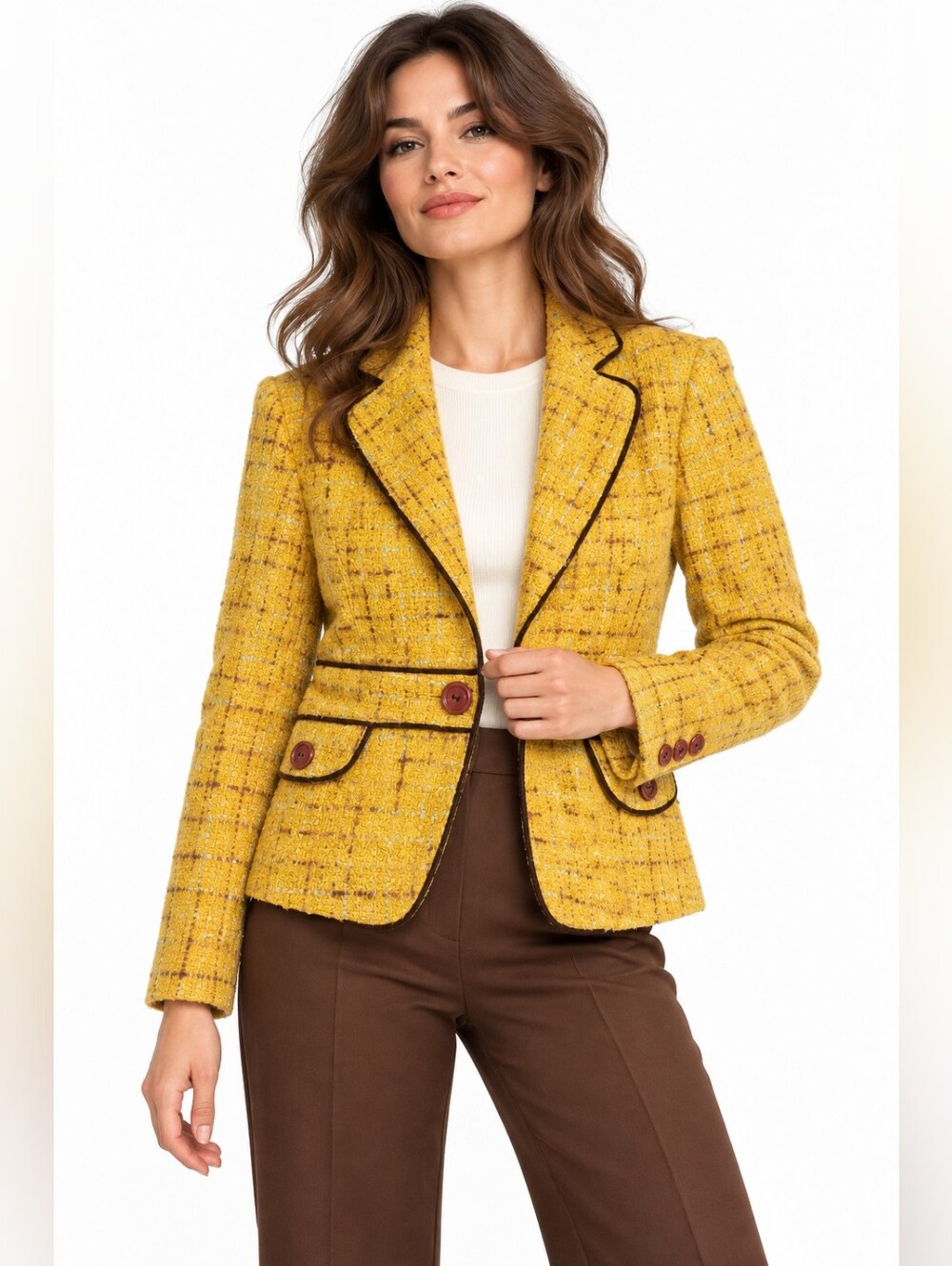 Vintage Bouclé Tweed Blazer Size 38 XS Mustard Brown Retro office chic
